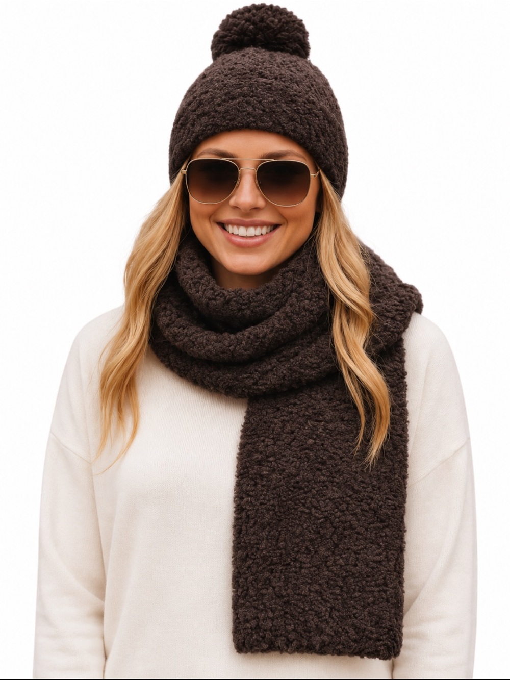 NWT Barefoot Dreams CozyChic Pom Pom Beanie & Scarf Set Espresso Cocoa OS